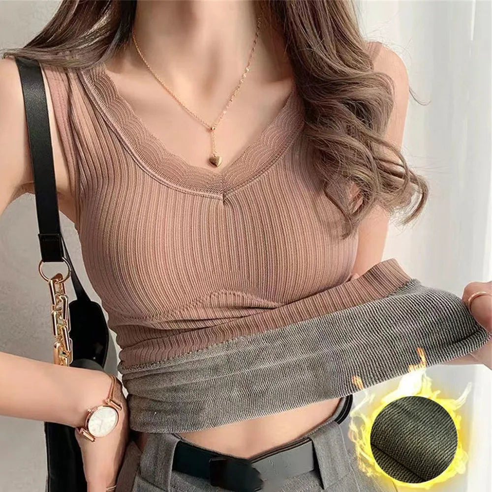 Women's Fleece-Lined Thermal Camisole V-Neck Tank Top Thermal Camisole SWANS dark pink One Size