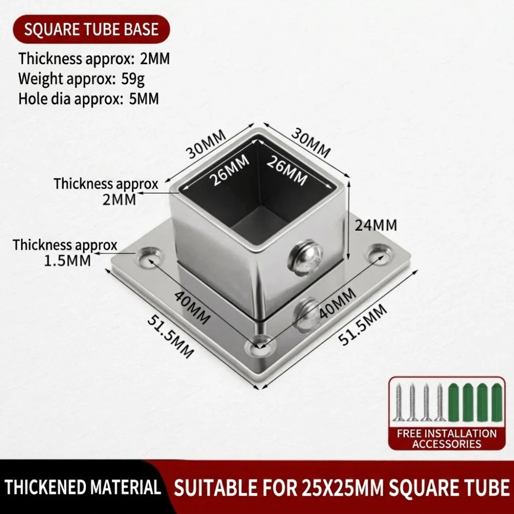 Stainless Steel Square Tube Connector Flange Base 20–40mm Tube Connector Bracket SWANS 2 40mm