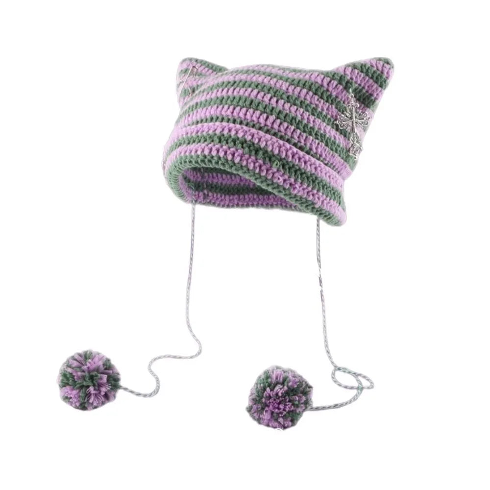 Y2K Knitted Beanie Hat – Pointed Ears Striped Star Devil Knitted Beanie Hat SWANS purple-green1