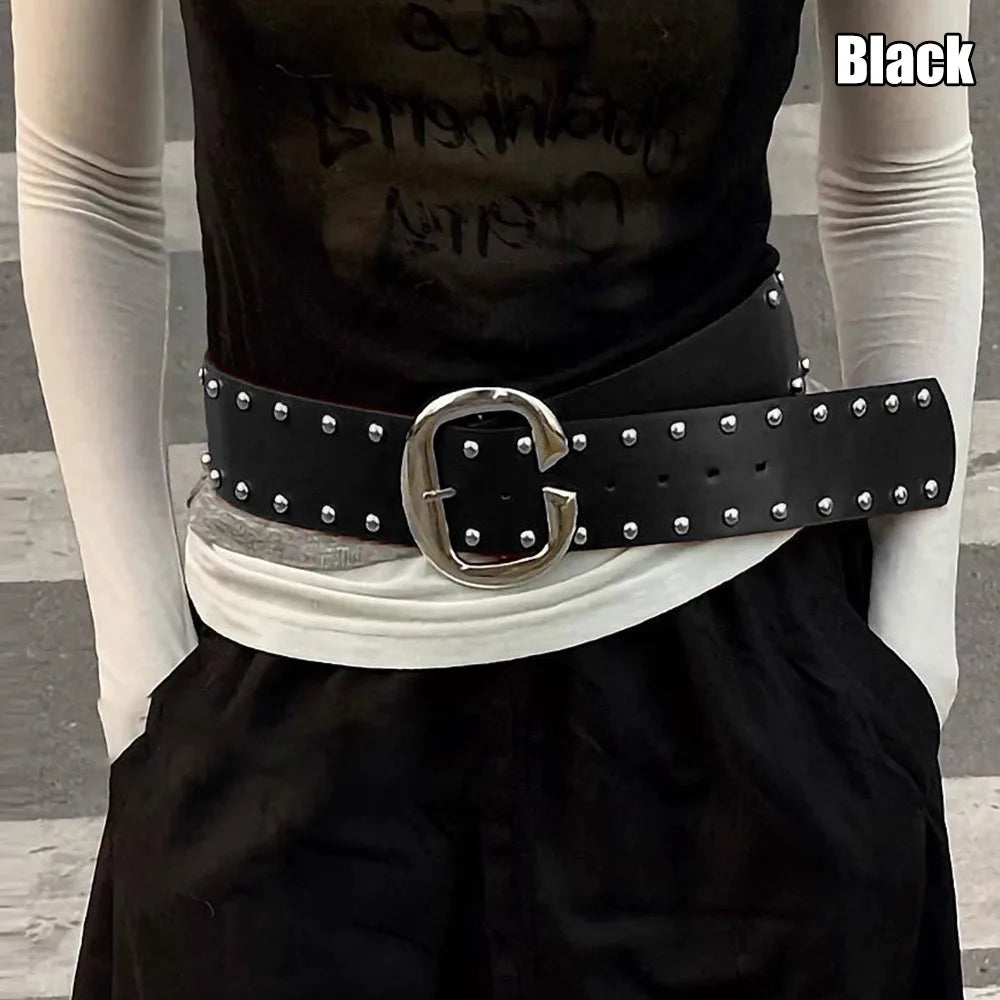 Women's Wide PU Rivet Belt – Punk Style for Jeans & Skirts Wide Waist Belt SWANS Black