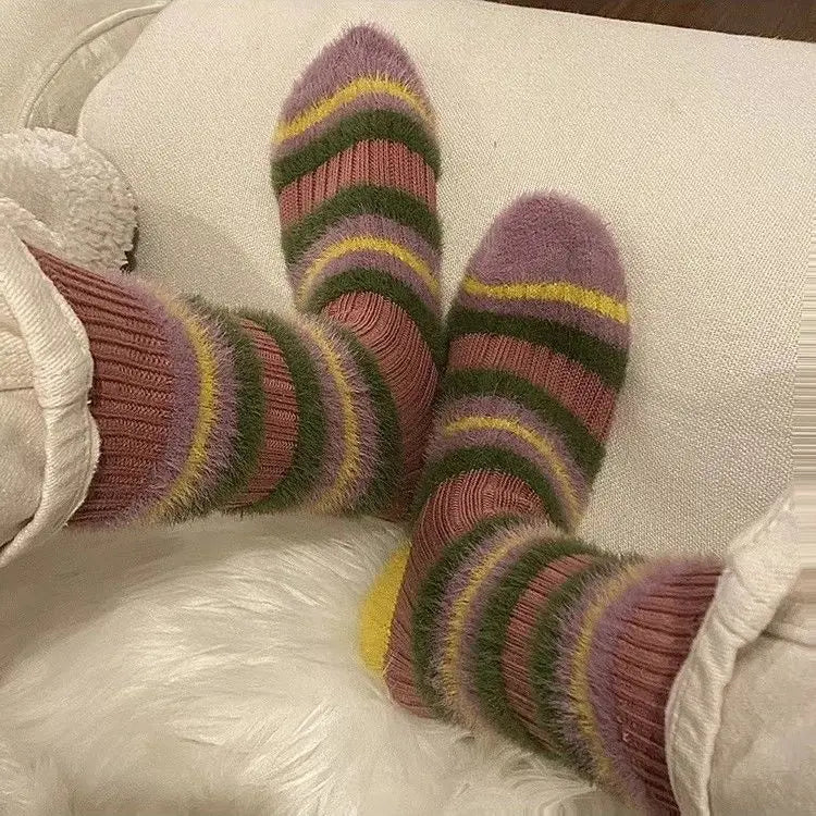 Korean Color Block Mink Velvet Socks – Thick Women's Winter Women's Winter Socks SWANS pink one size