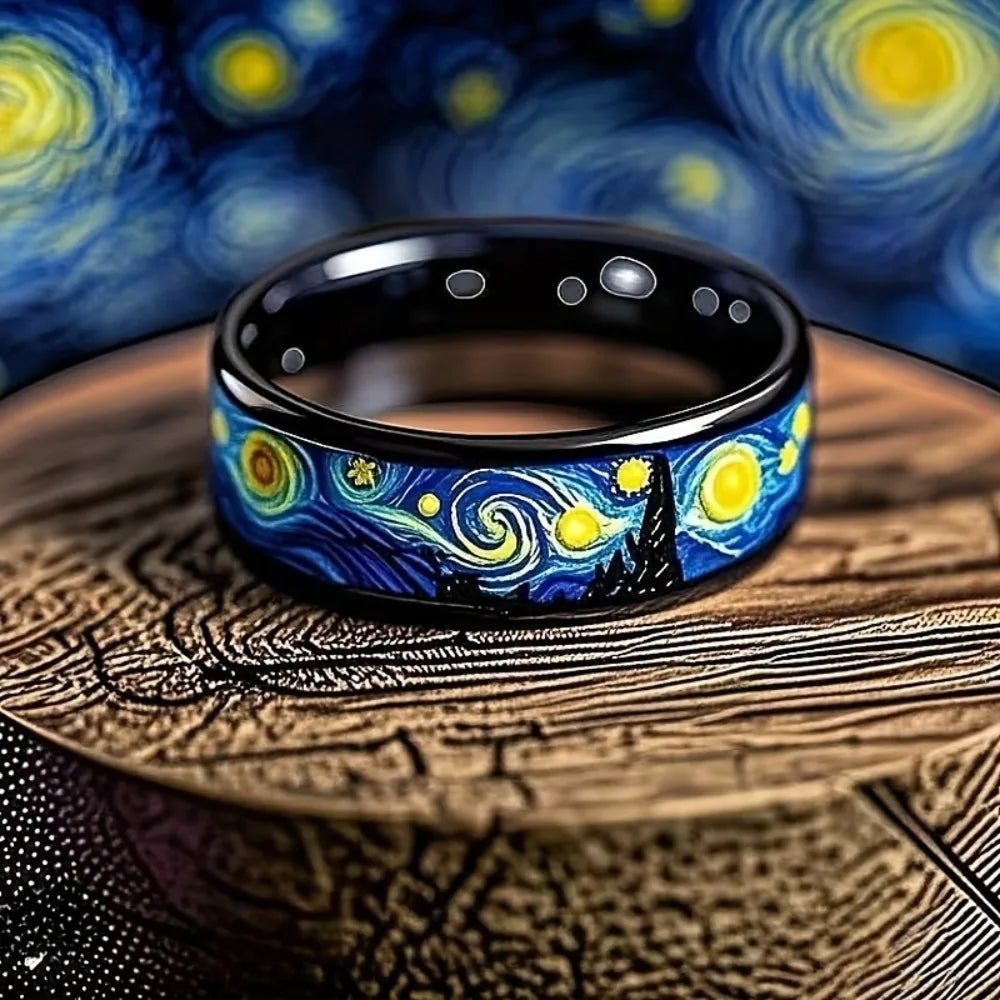 Starry Night Black Stainless Steel Unisex Ring | Sizes 5–14 Fashion Ring SWANS