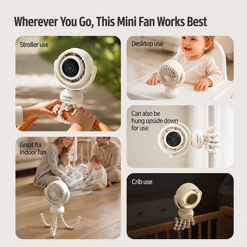 Philips Avent Baby Stroller Fan – 6 Modes, LED Display, Night Light Portable Baby Fan SWANS
