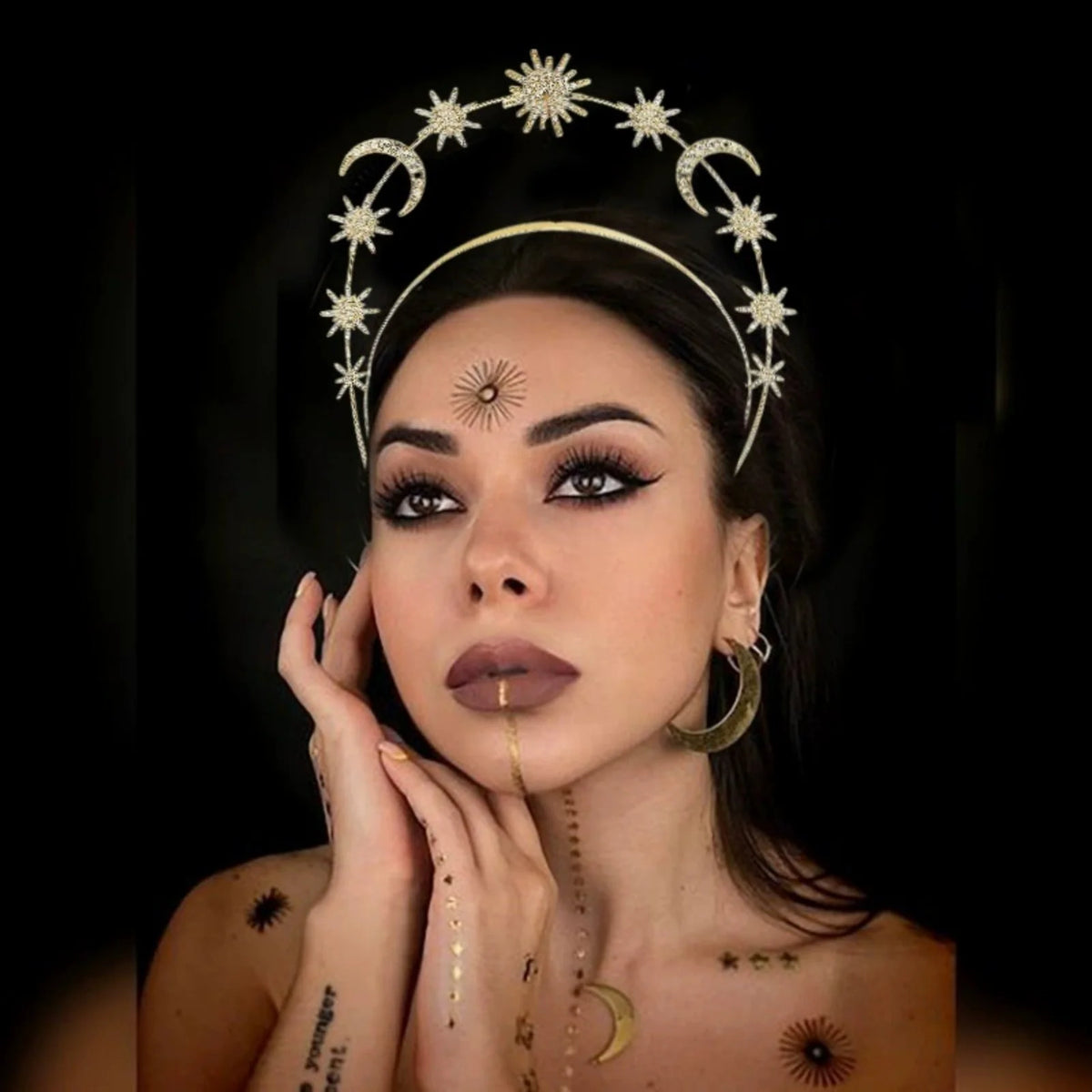 Rhinestone Celestial Headband – Sun Moon Star Halo Tiara Rhinestone Hair Headband SWANS