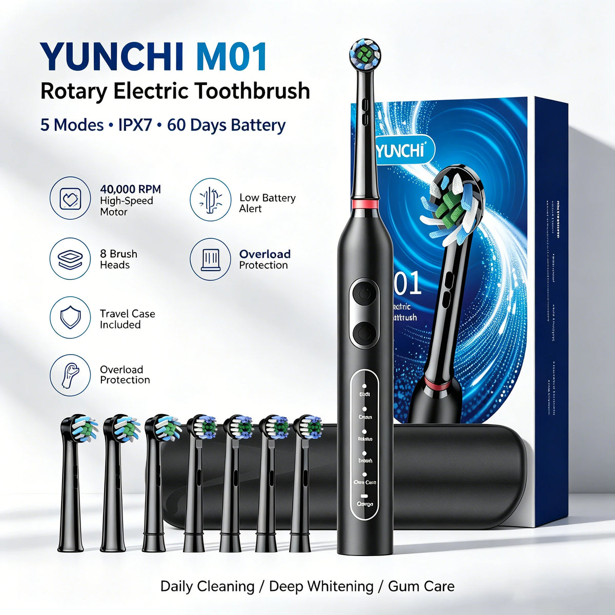 YUNCHI M01 Rotary Electric Toothbrush – 5 Modes & 60-Day Battery Electric Toothbrush SWANS