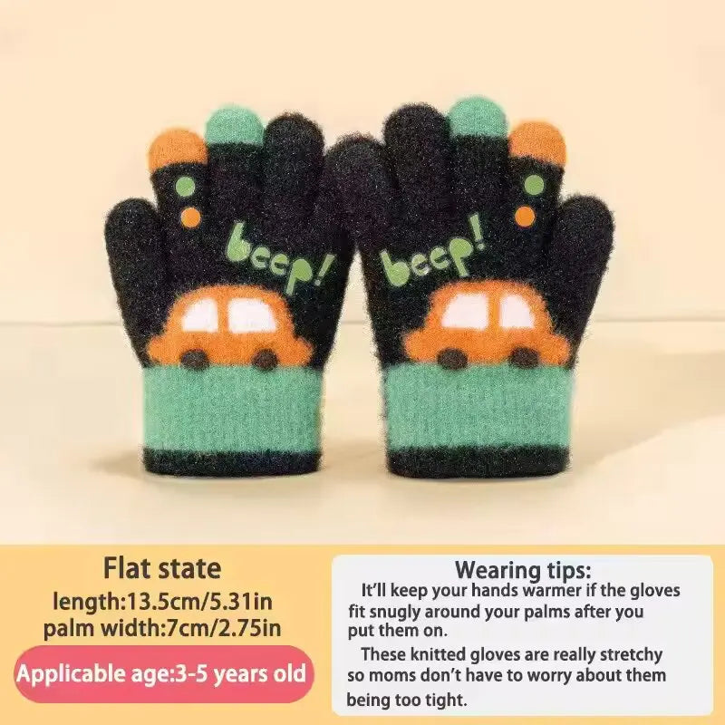 Kids Winter Knit Gloves Cartoon Car Design | Ages 3–7 Kids Winter Gloves SWANS Black One Size