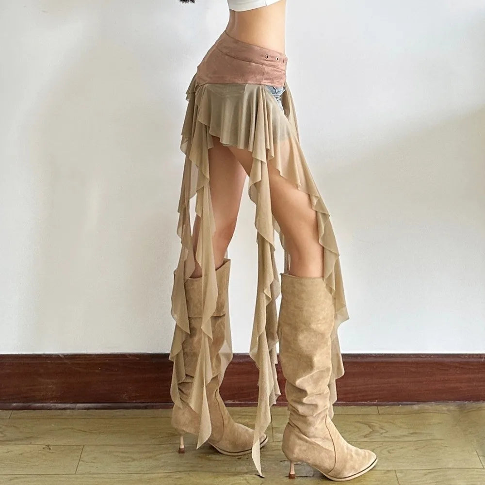 Y2K Ruffle Tassel Waistband Belt & Mini Skirt – Women's Streetwear Ruffle Waistband Belt SWANS