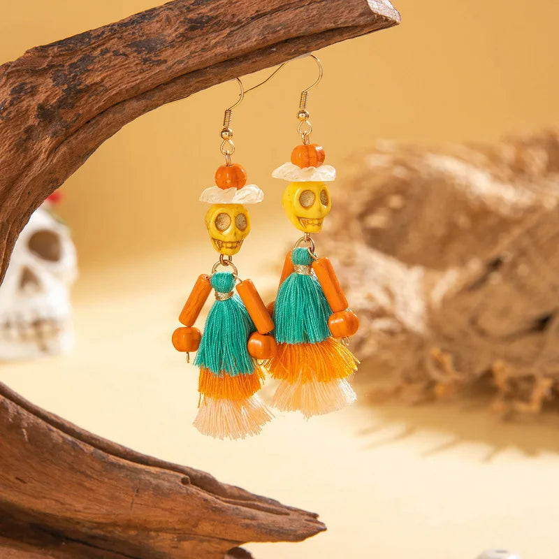 Gothic Skull Tassel Drop Earrings – Punk Bohemian Halloween Dangle Drop Earrings SWANS Style C