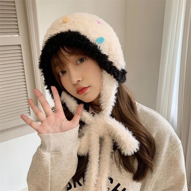 Women's Winter Plush Ear Flap Beanie – Faux Fur Knit Cap Winter Beanie Hat SWANS
