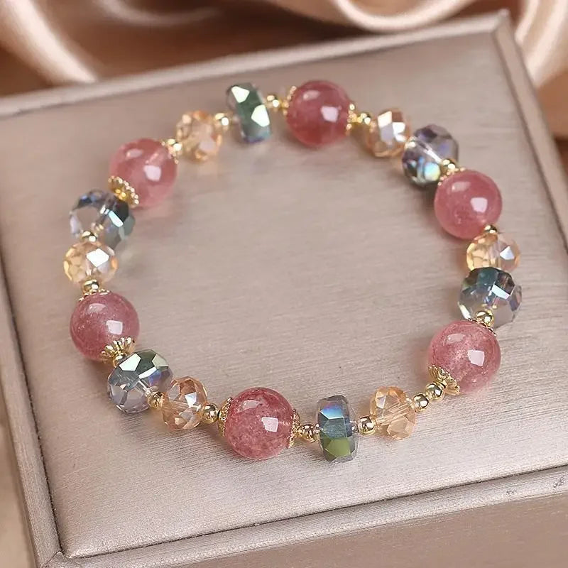 Natural Strawberry Crystal Beaded Bracelet – Pink Elastic Bangle Crystal Beaded Bracelet SWANS