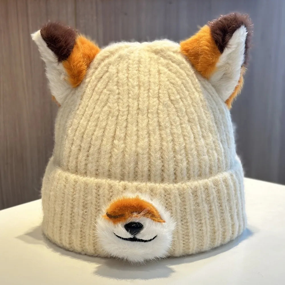 Y2K Fox Ears Beanie – Warm Thickened Knit Winter Hat Unisex Knit Beanie Hat SWANS
