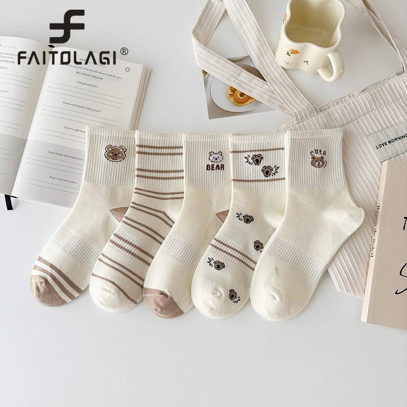 5-Pack Women's Striped Cartoon Cotton Socks – Mid Tube Women's Cotton Socks SWANS
