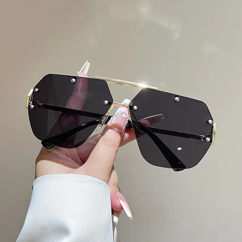 Y2K Rimless Pilot Sunglasses Double Bridge Rivet Metal Unisex Fashion Sunglasses SWANS Black