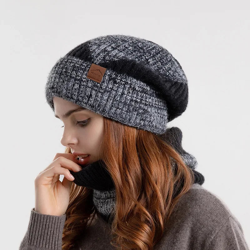 Women's Two-Tone Knitted Beanie & Velvet Bib Set | Winter Hat Winter Beanie Set SWANS
