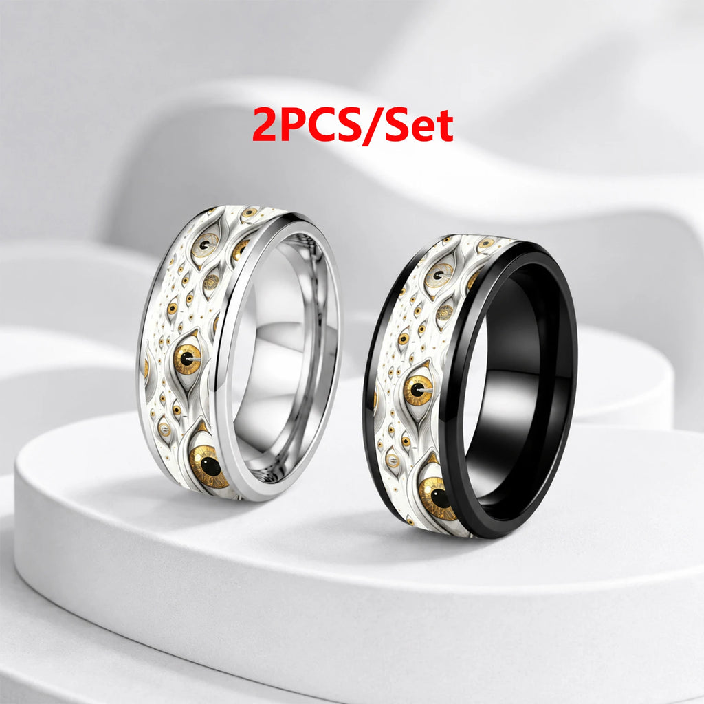 2-Piece 8MM Eye of Truth Stainless Steel Ring Set | Black & White Stainless Steel Ring Set SWANS 2PCS 7