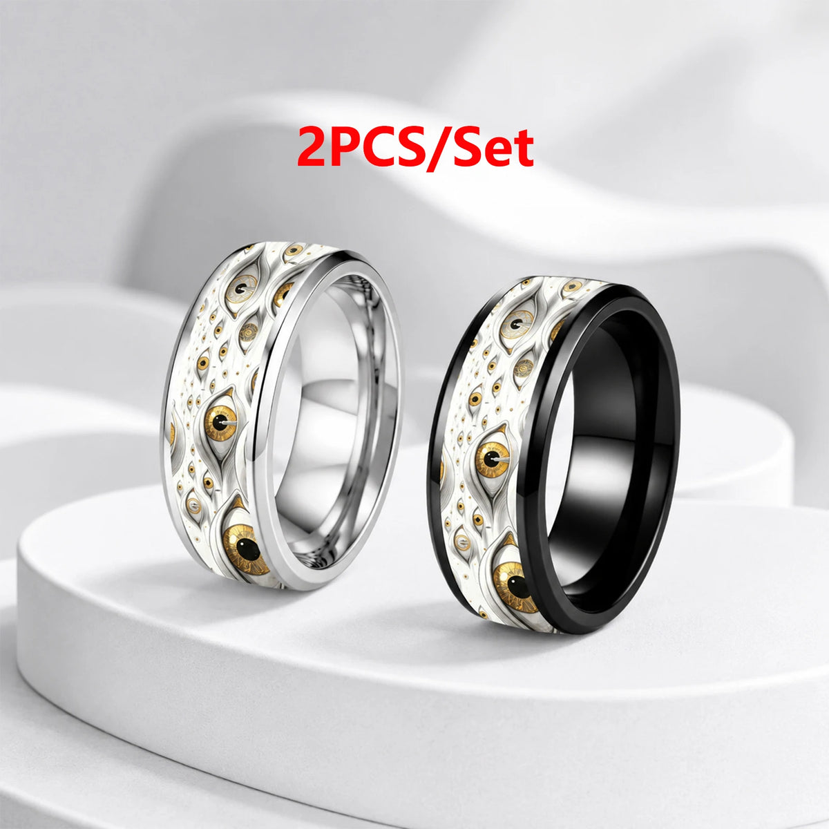 2-Piece 8MM Eye of Truth Stainless Steel Ring Set | Black & White Stainless Steel Ring Set SWANS 2PCS 7