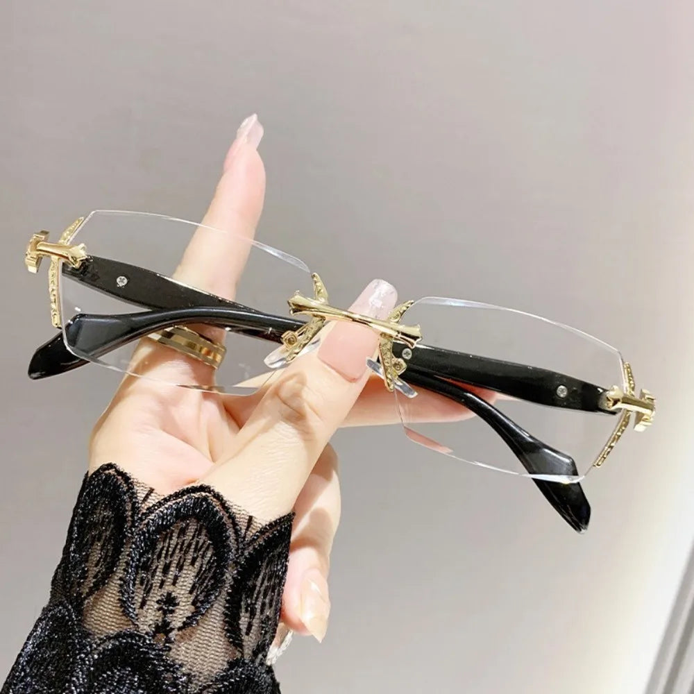 Y2K Frameless Blue Light Blocking Glasses – Unisex Retro Blue Light Glasses SWANS Black Gold