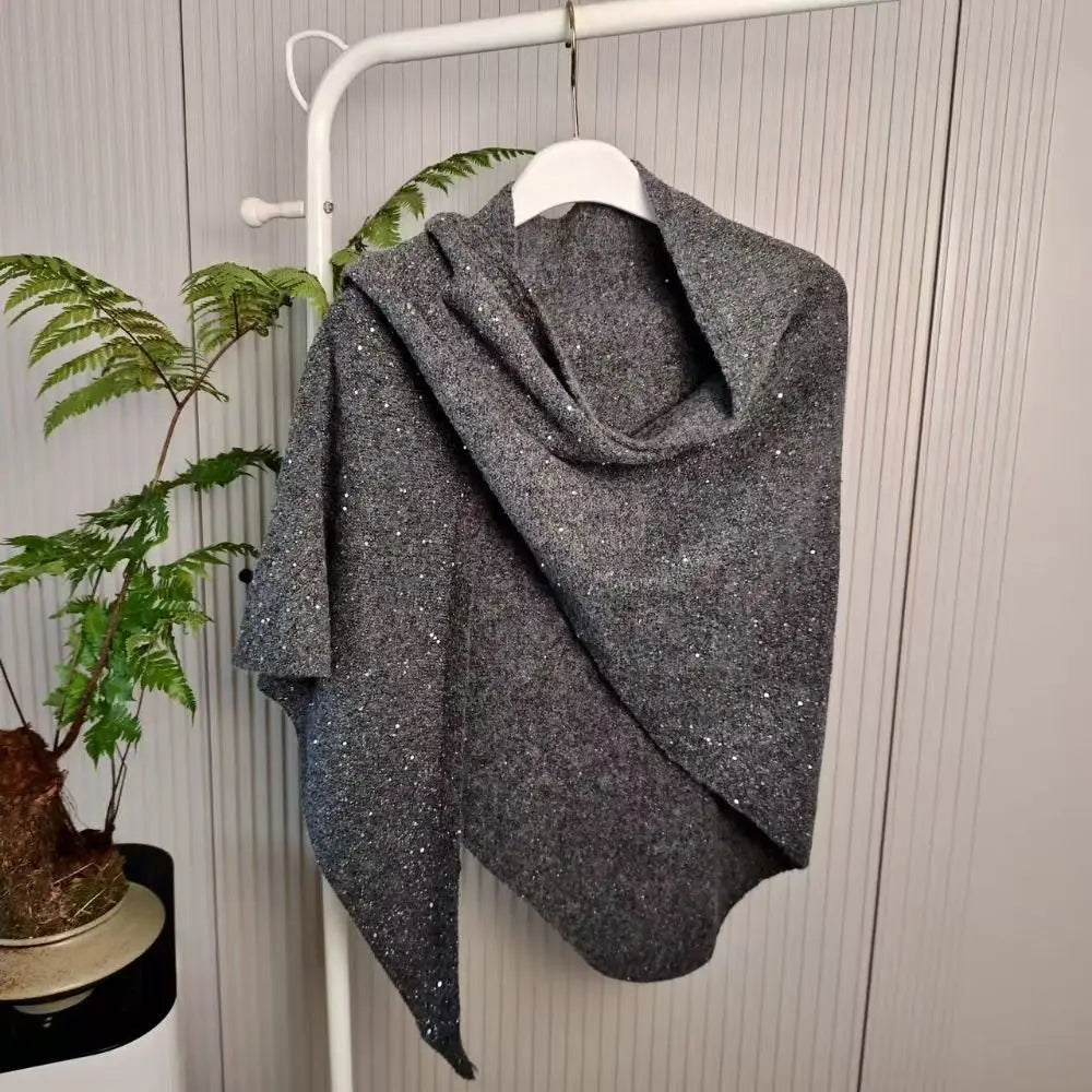 Women's Winter Sequin Triangular Shawl – Warm Knit Wrap Poncho Winter Shawl Wrap SWANS