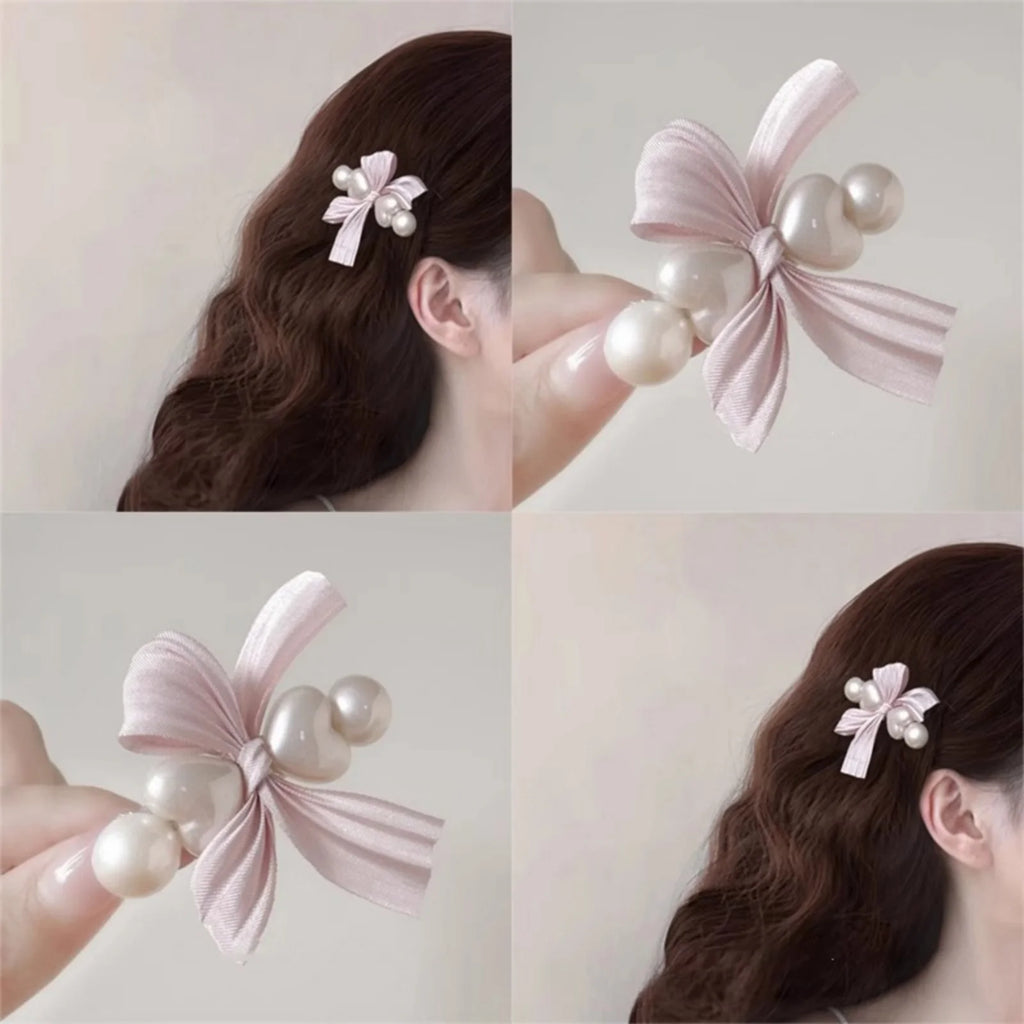 Pink Satin Bow Hair Clip with Pearl – Women's Barrette Hair Bow Clip SWANS