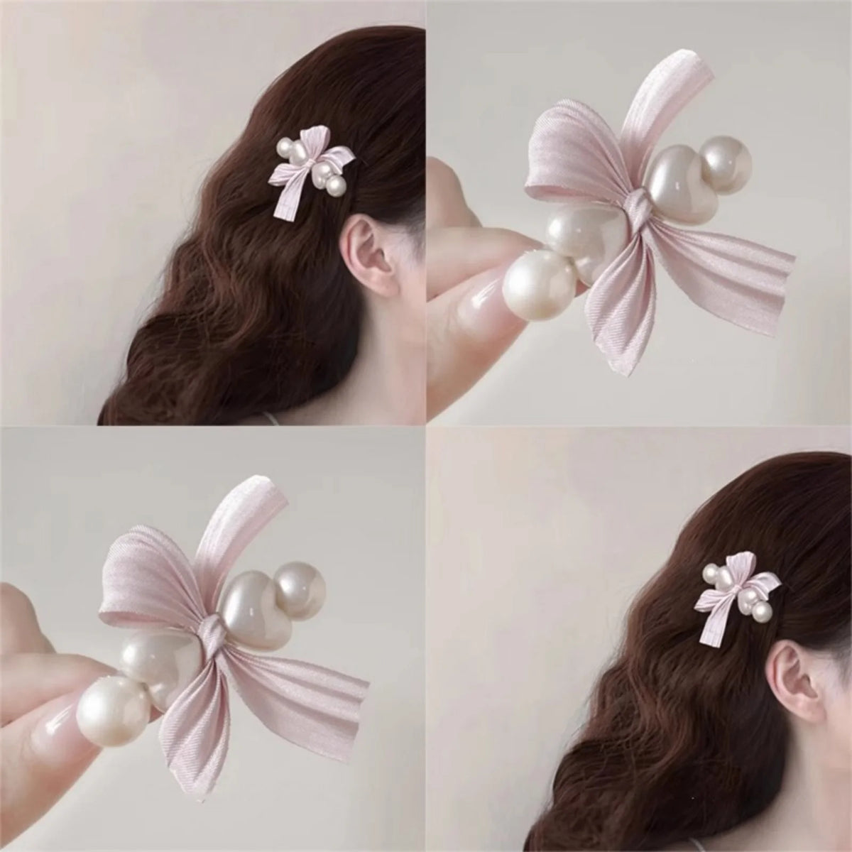 Pink Satin Bow Hair Clip with Pearl – Women's Barrette Hair Bow Clip SWANS