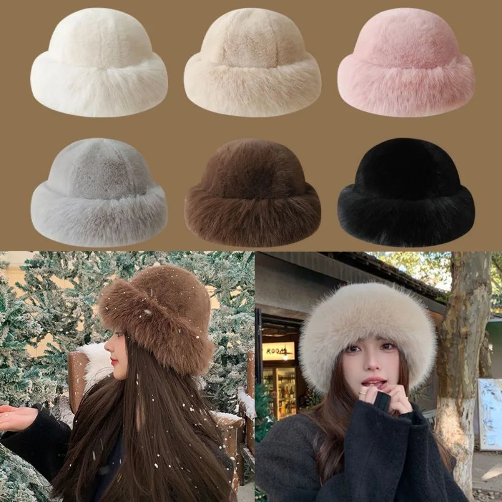Fluffy Faux Fur Bucket Hat – Warm Windproof Beret Women Winter Bucket Hat SWANS