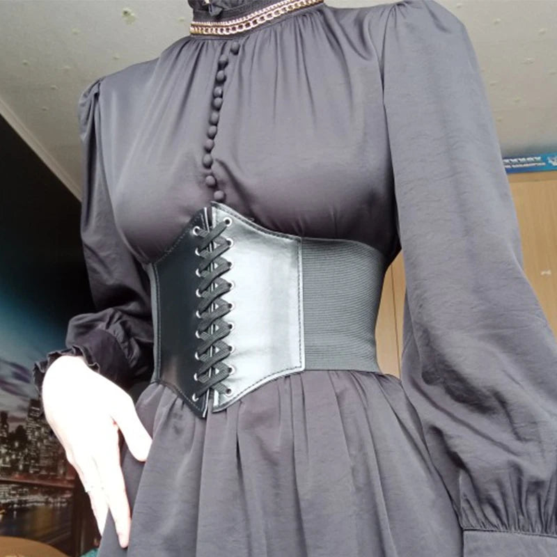 Women's Wide Corset Belt – Black Faux Leather Lace-Up Girdle Corset Waist Belt SWANS