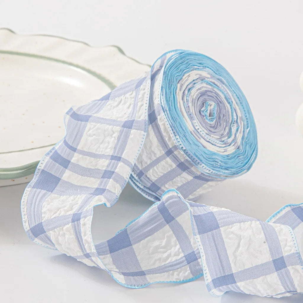 Ruffled Gingham Check Ribbon – 4cm x 10 Yards for DIY Crafts Craft Ribbon SWANS Blue White