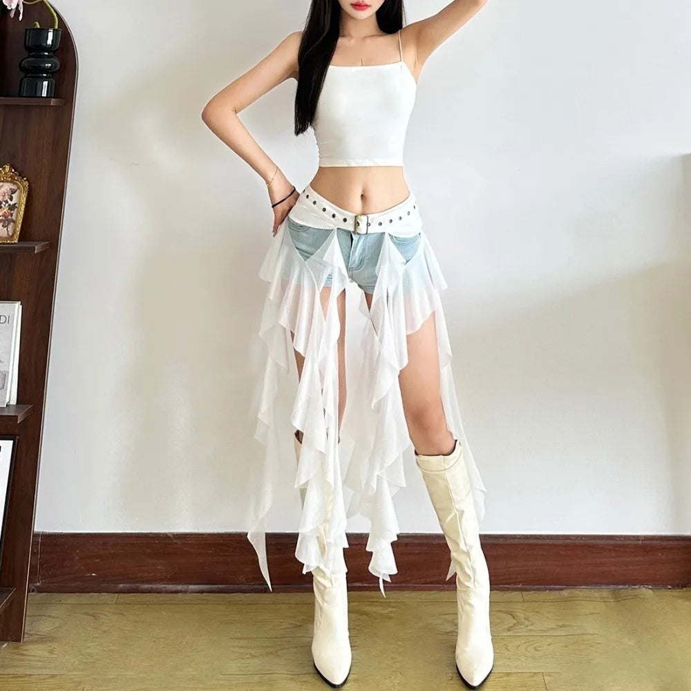 Y2K Ruffle Tassel Waistband Belt & Mini Skirt – Women's Streetwear Ruffle Waistband Belt SWANS