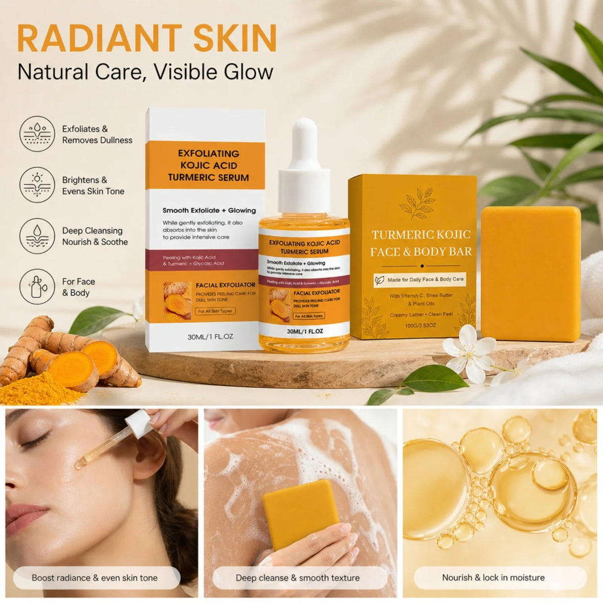 OceAura Turmeric Kojic Acid Exfoliating Serum & Soap Set Exfoliating Skincare Set SWANS