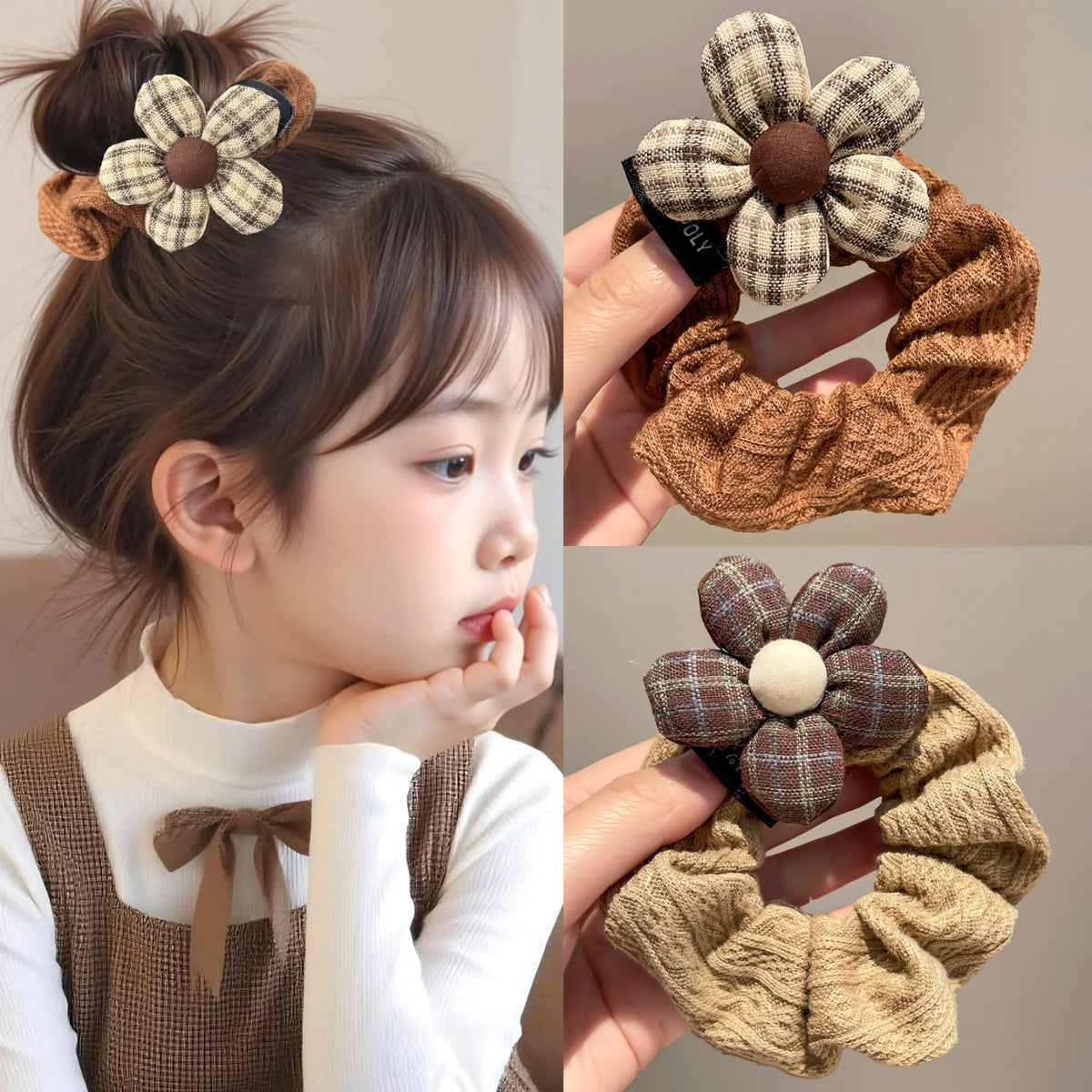 Girls Plaid Flower Hair Scrunchie – Elastic Hair Tie for Kids Kids Hair Scrunchie SWANS