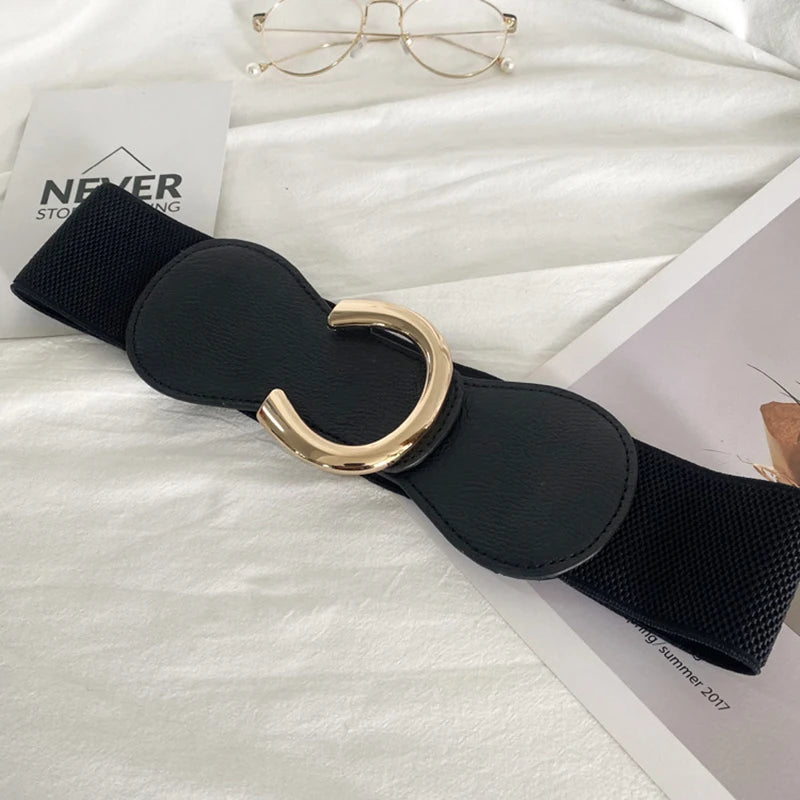 Women's Wide Elastic Belt – Black PU Leather Gold Buckle Wide Waist Belt SWANS