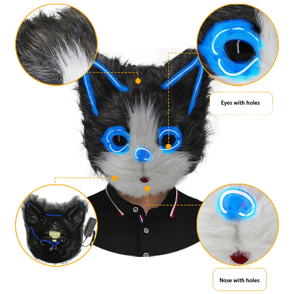 Glowing Blue LED Plush Cat Mask – Cosplay & Halloween LED Costume Mask SWANS
