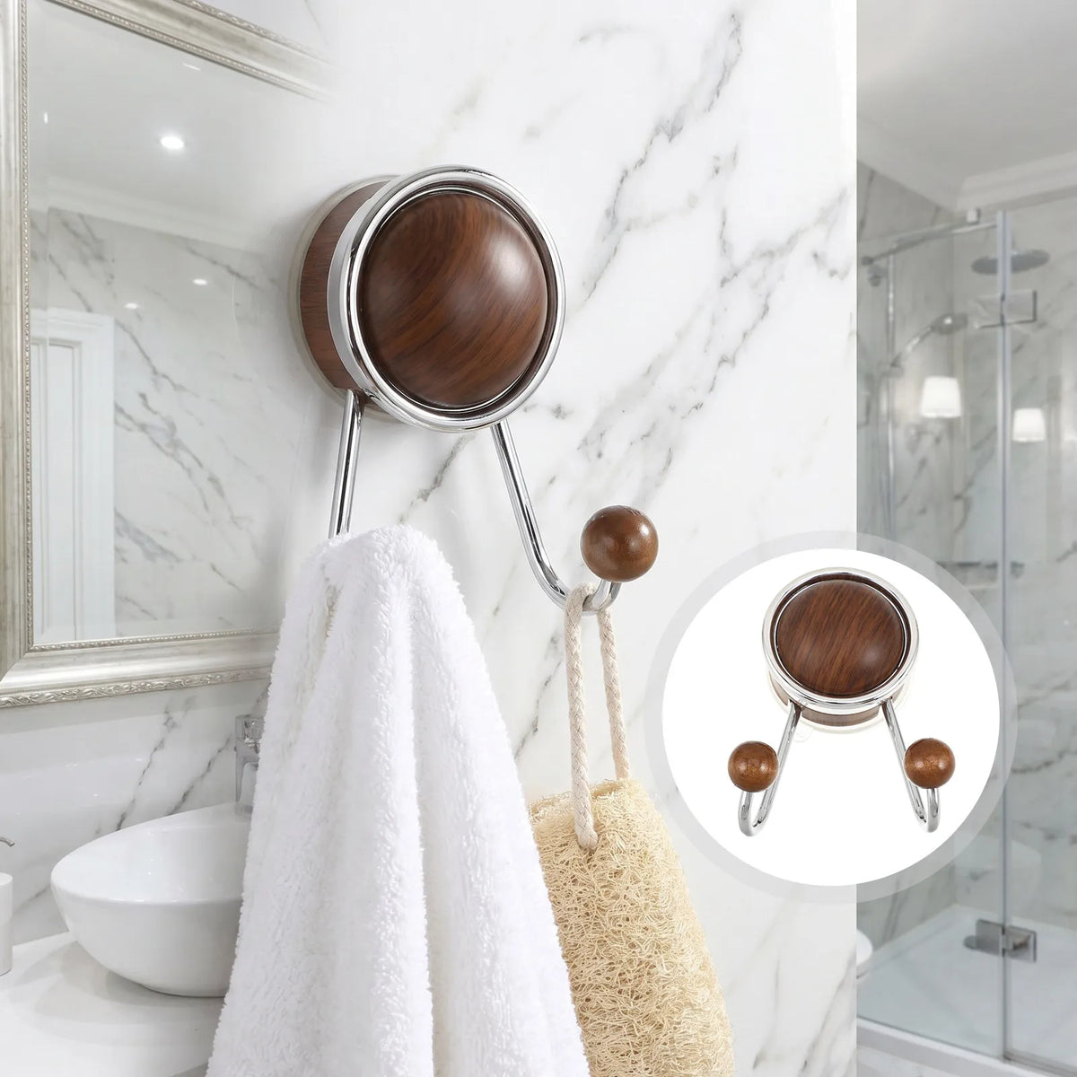 SWANS Wood Grain Suction Cup Dual Hooks – No-Drill Waterproof Suction Cup Hook SWANS