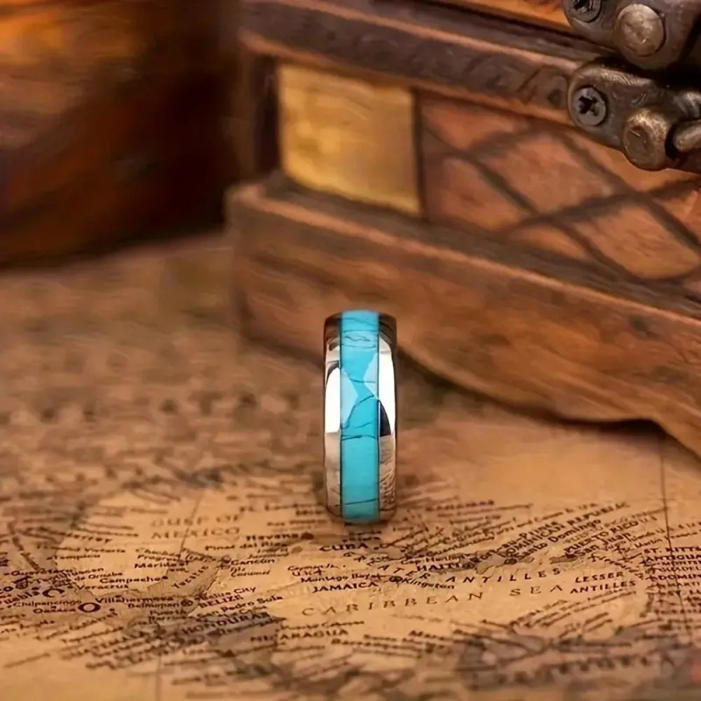Blue Turquoise Inlay Stainless Steel Ring 8mm – Men & Women Fashion Ring SWANS