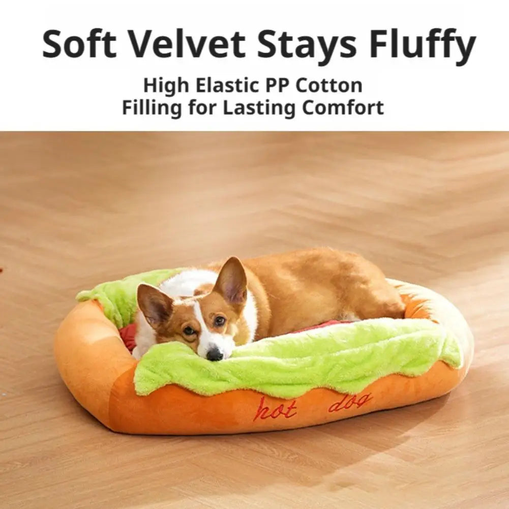 Hot Dog Shape Pet Bed – Soft Plush Lounger for Dogs & Cats Pet Bed SWANS