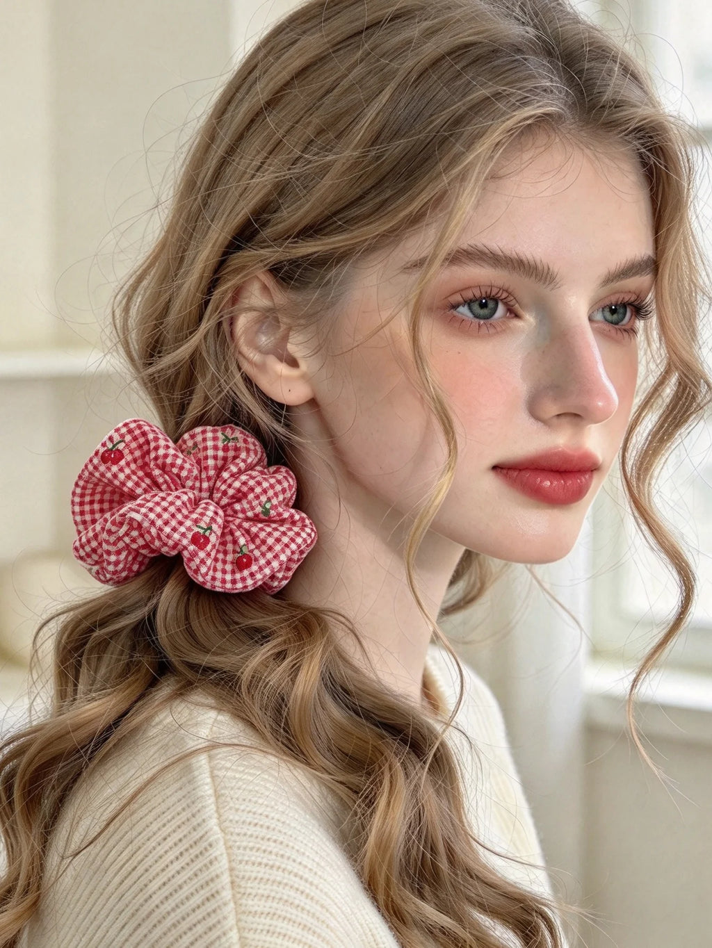 Christmas Cherry Gingham Scrunchie – Red Plaid Ponytail Holder Hair Scrunchie SWANS