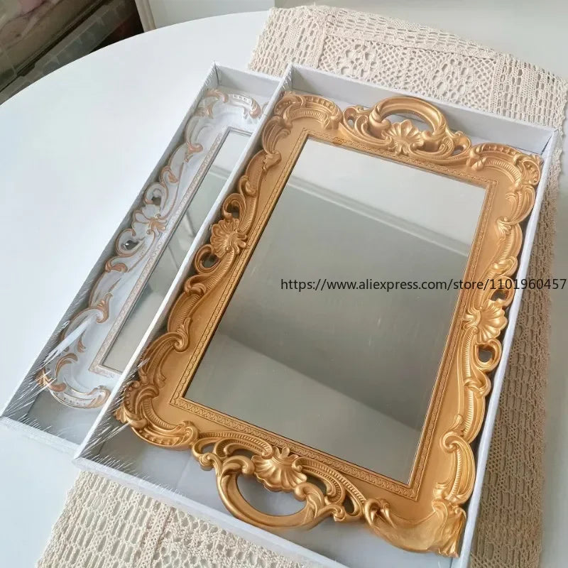 French Retro White Embossed Mirror Tray – Jewelry & Décor Decorative Storage Tray SWANS