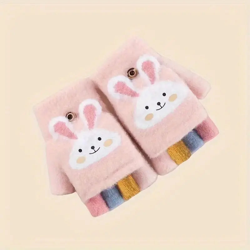 Girls' Flip-Top Winter Gloves – Warm Cartoon Knit Mittens Kids Winter Gloves SWANS