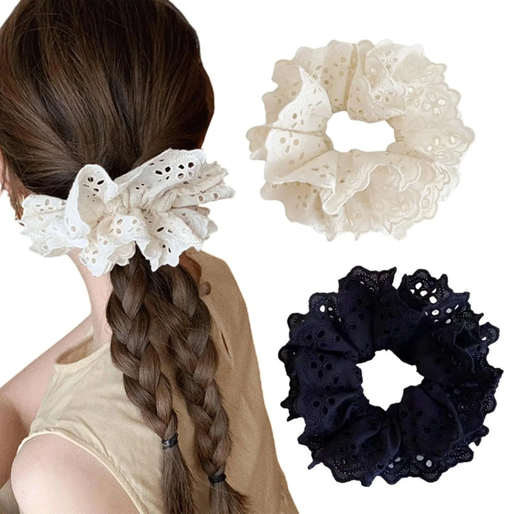 Elegant Lace Scrunchies White & Black – Hair Ties for Women Lace Hair Scrunchie SWANS