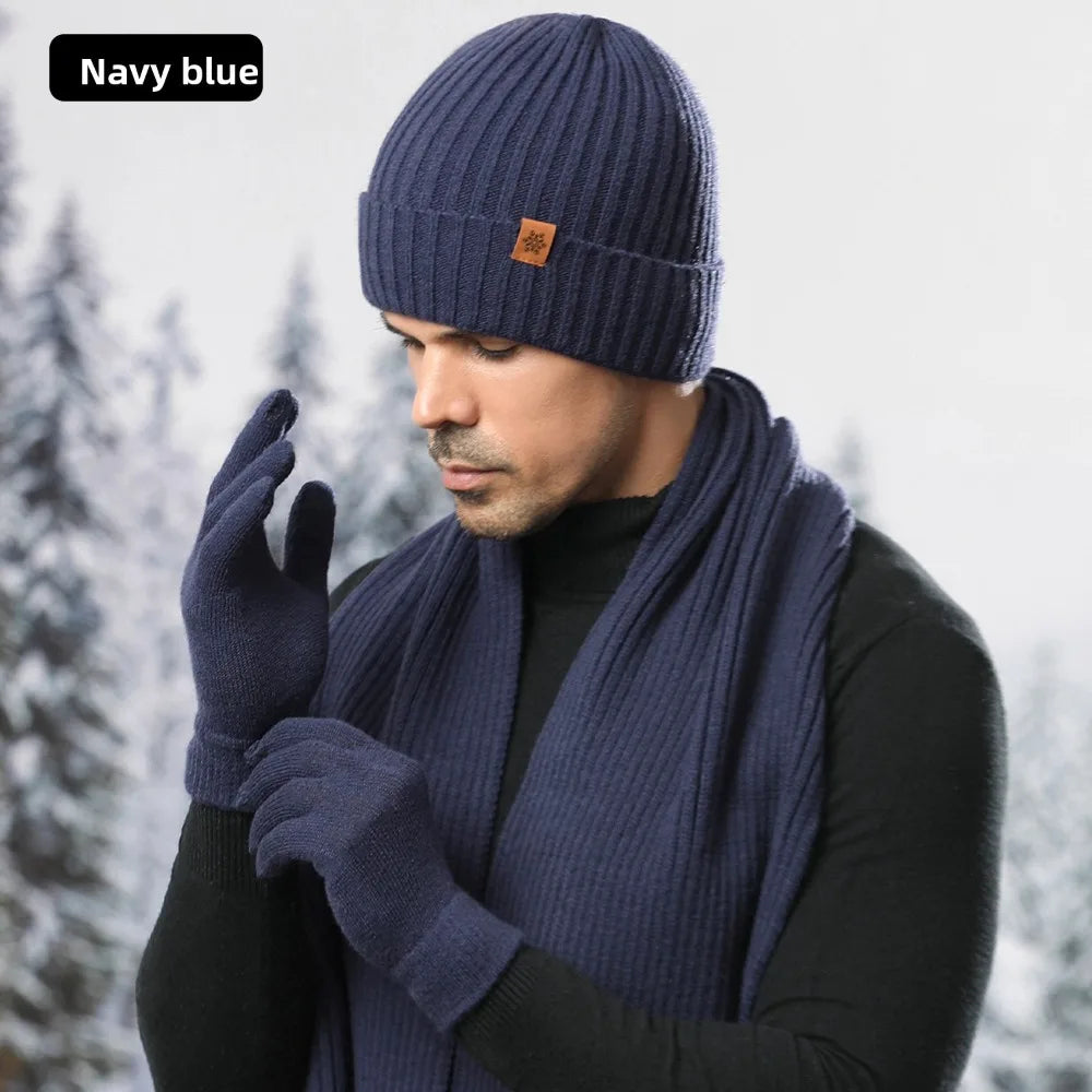 Fleece-Lined Winter Knit Hat, Scarf & Touchscreen Gloves Set Winter Accessory Set SWANS Navy blue (3pcs)