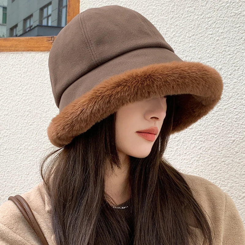 Women's Winter Plush Faux Fur Bucket Hat – Warm Fisherman Cap Winter Bucket Hat SWANS