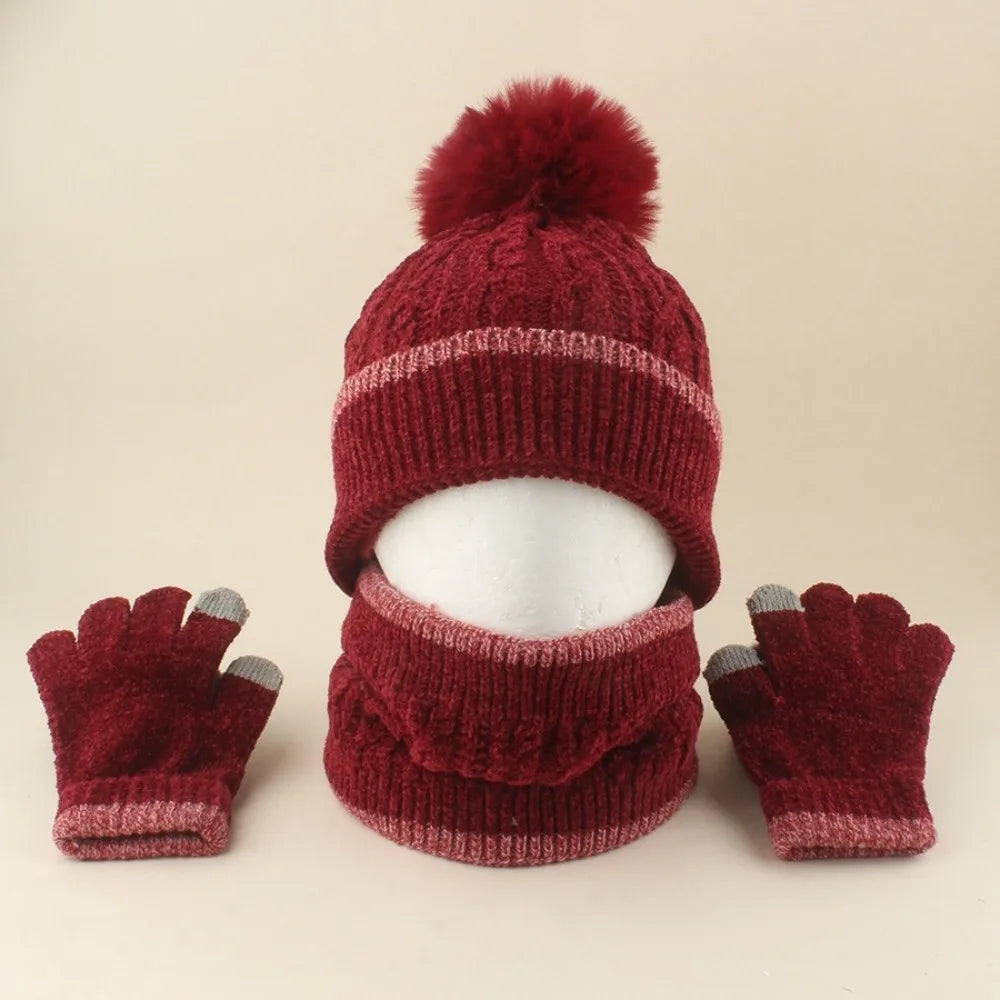 Kids Winter Knit Hat Scarf & Gloves Set – Warm 3-Piece Kids Winter Accessory Set SWANS Red 48-53CM