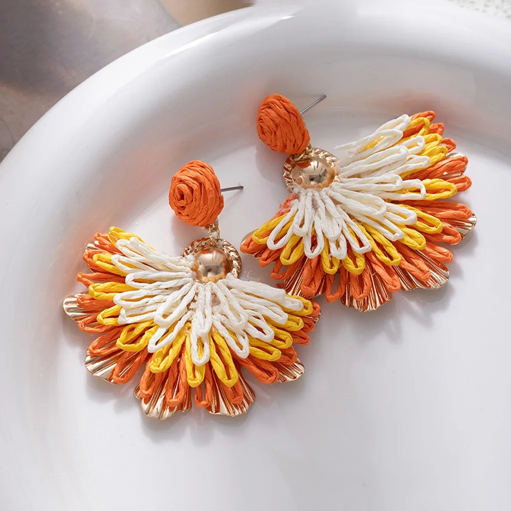 Women's Bohemian Raffia Flower Fan Drop Earrings Drop Earrings SWANS Orange White