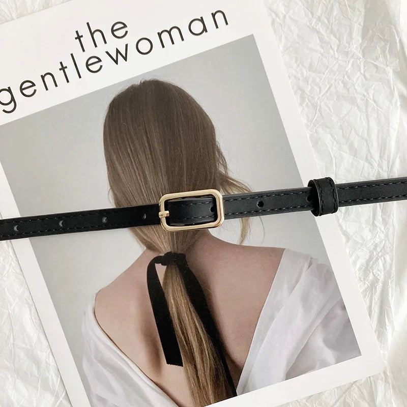 Women's Thin PU Leather Belt – Metal Pin Buckle | FAITOLAGI Women's Fashion Belt SWANS black Adjustable