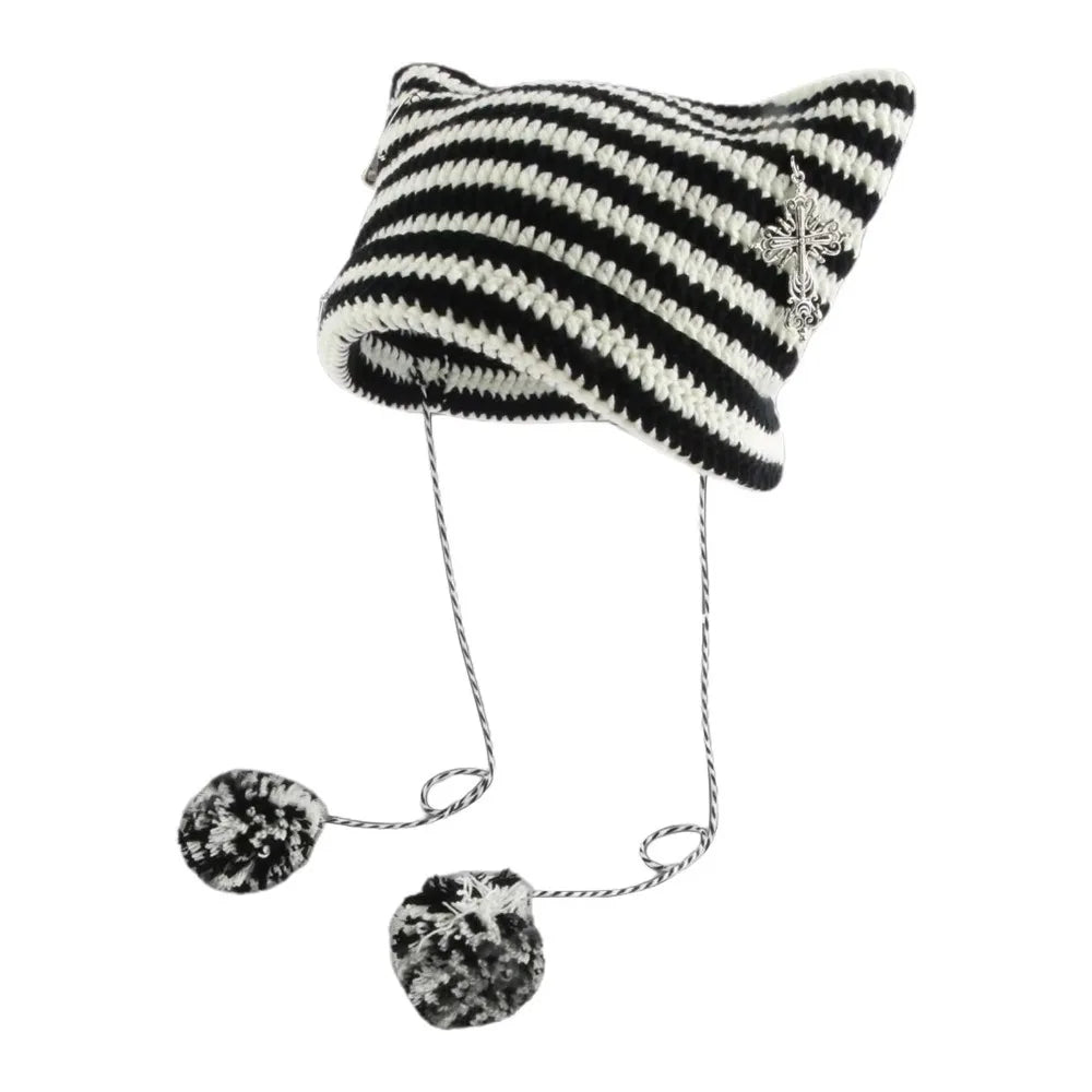 Y2K Knitted Beanie Hat – Pointed Ears Striped Star Devil Knitted Beanie Hat SWANS black-white1