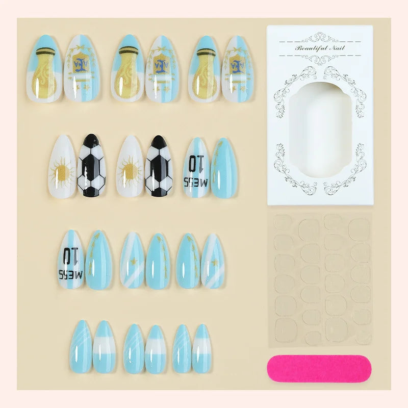 Argentina Flag Almond Press-On Nails – ABS Artificial Nail Set Press-On Nail Set SWANS