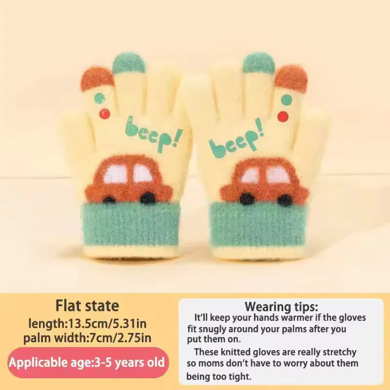 Kids Winter Knit Gloves Cartoon Car Design | Ages 3–7 Kids Winter Gloves SWANS Yellow One Size