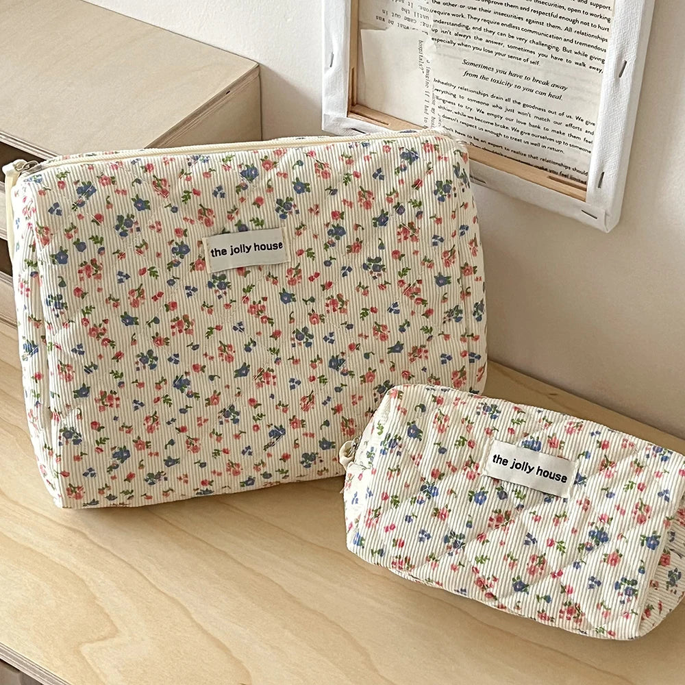 Vintage Floral Quilted Cotton Makeup Bag & Cosmetic Tote Cosmetic Makeup Bag SWANS