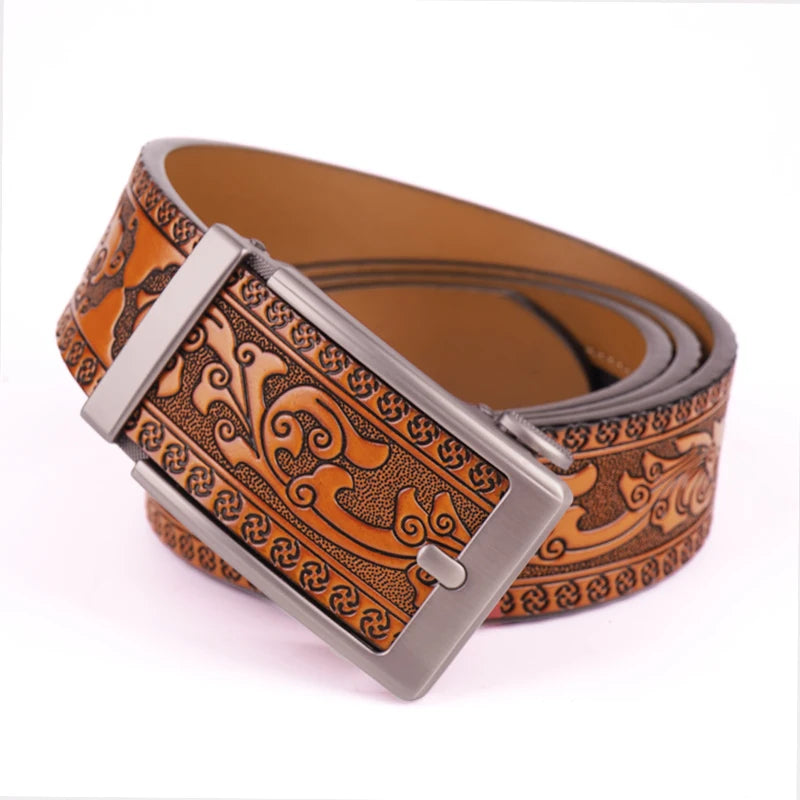 Men's Embossed Split Leather Belt – Adjustable Buckle | 3.5cm Men's Leather Belt SWANS