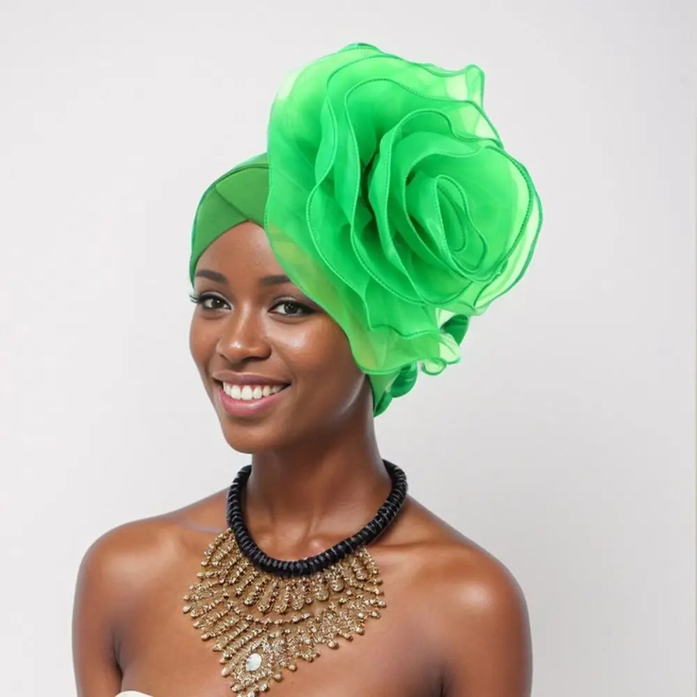 Large Flower Turban Cap – African Head Wrap Beanie Women Turban Beanie Cap SWANS green